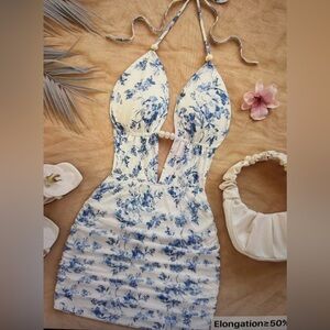 Superdown Blue White Floral Plunge Cutout Halter Mini Dress Size M NWT